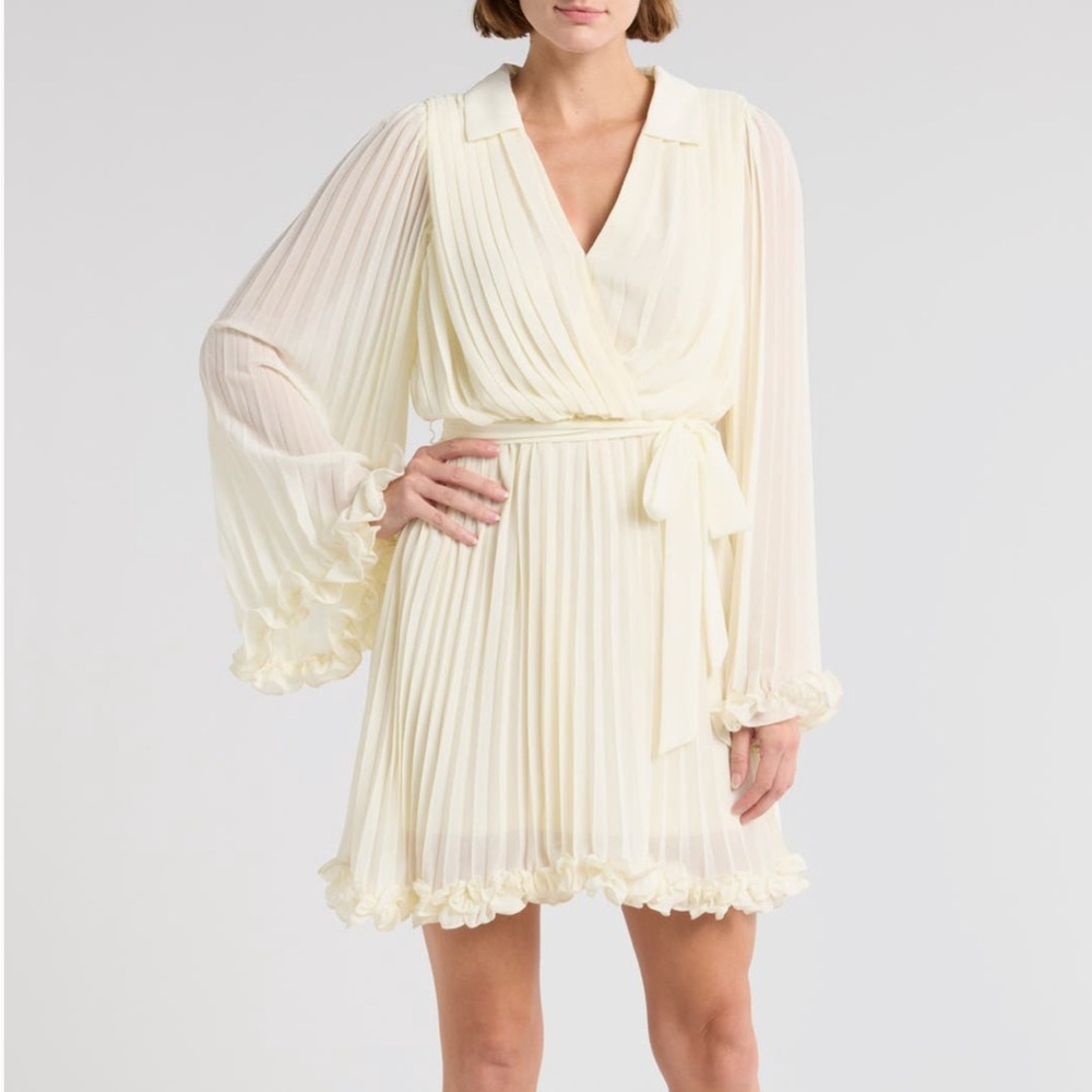 Mila Mae Long Sleeve Pleated Chiffon Faux Wrap Minidress - Cream